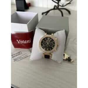 Vivani Black Dial Round Crystal Accent Gold Tone Case Stainless Steel Band Watch